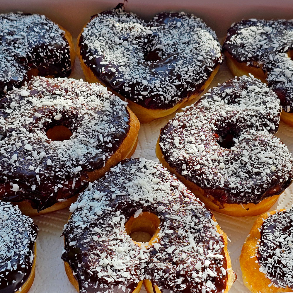 Chocolate coconut heart donut in the sun