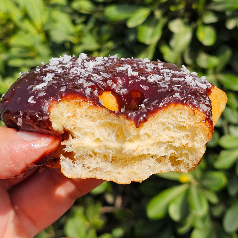 Chocolate coconut heart donut torn open