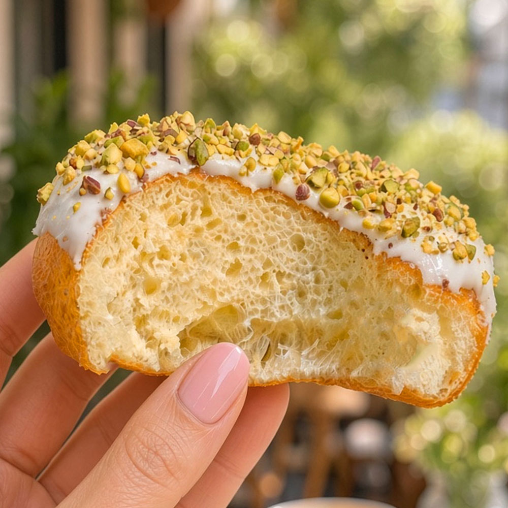 Close view of lemon glaze and crushed pistachios