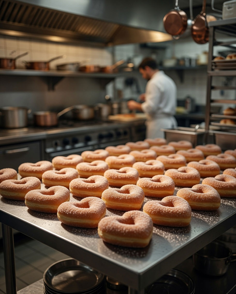 Heart-shaped donuts on a stainless prep table in the Gulit kitchen